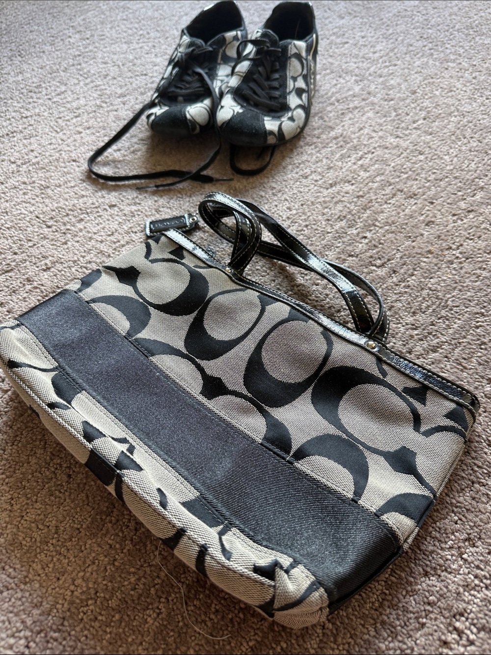 Coach Black and Cream Signature Tote with Leather Trim *bag only*